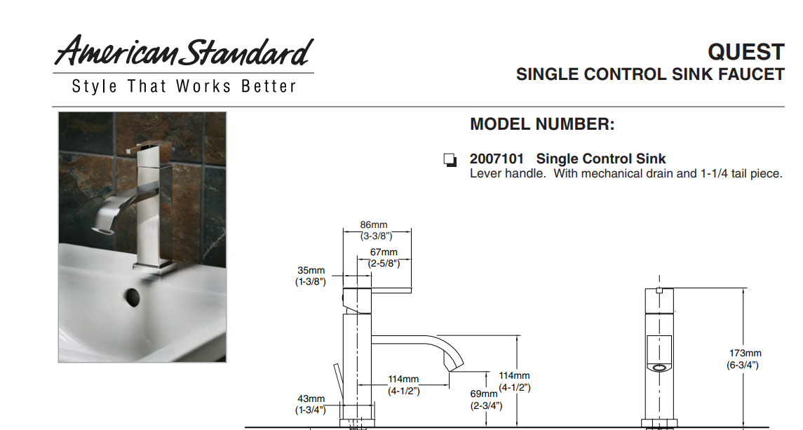 American Standard 2007101.002 Quest Monoblock Single Handle Bathroom Faucet, Chrome, Specs Sheet