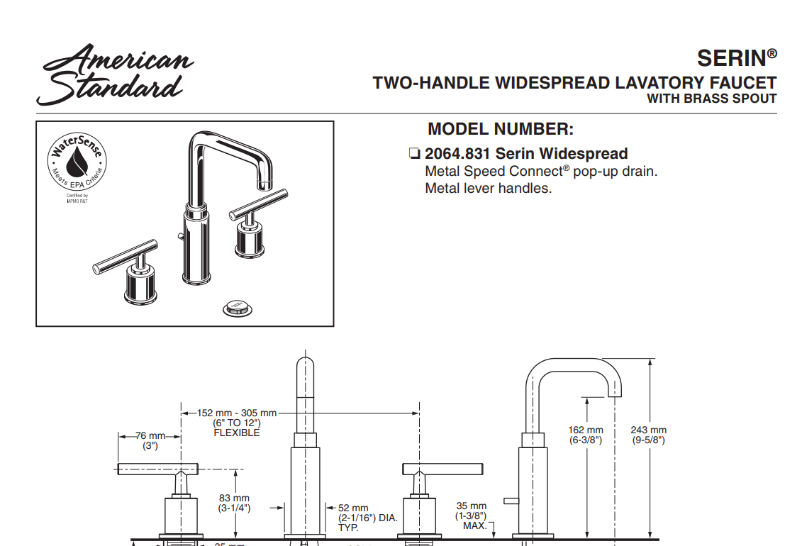 American Standard 2064831.002 Serin Widespread High-Arc Double Handle Bathroom Faucet in Polished Chrome, Specs Sheet.