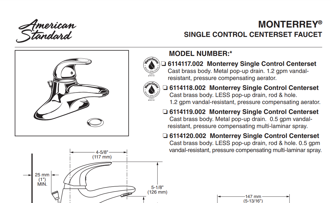 American Standard 6114118.002 Monterrey 1 Handle Centerset Faucet, Specs Sheet