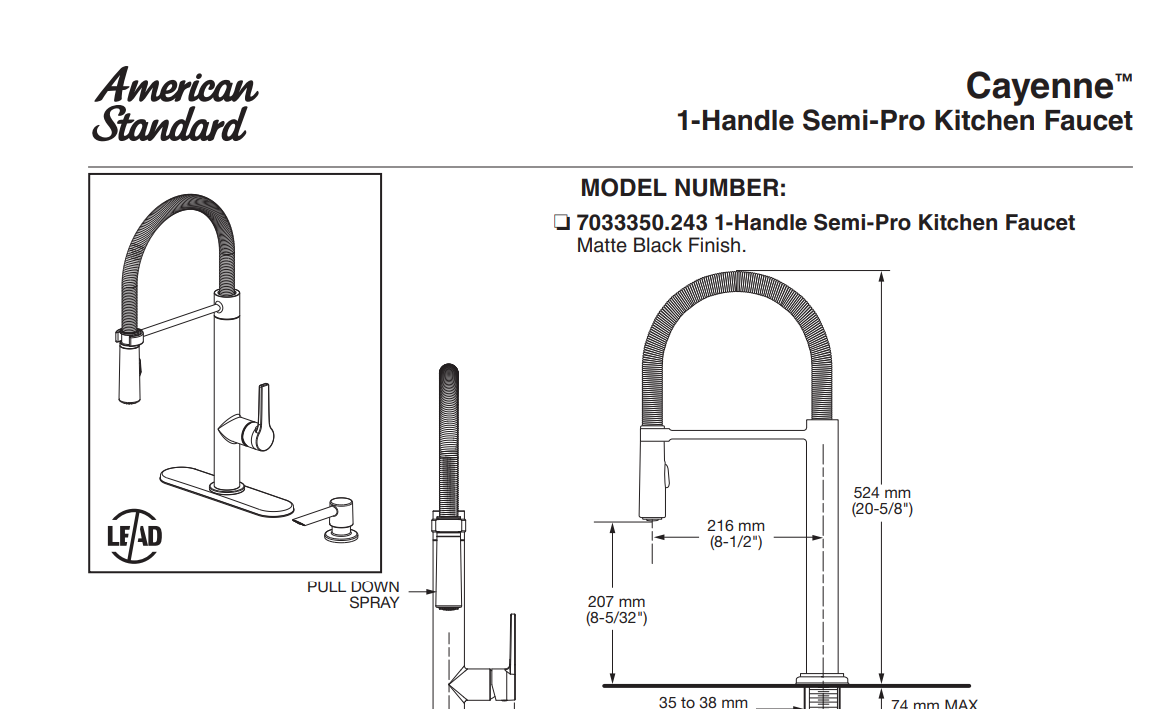 American Standard 7033350.243 Cayenne Semi-Pro 1H Kitchen Faucet With Soap Dispenser, Specs Sheet