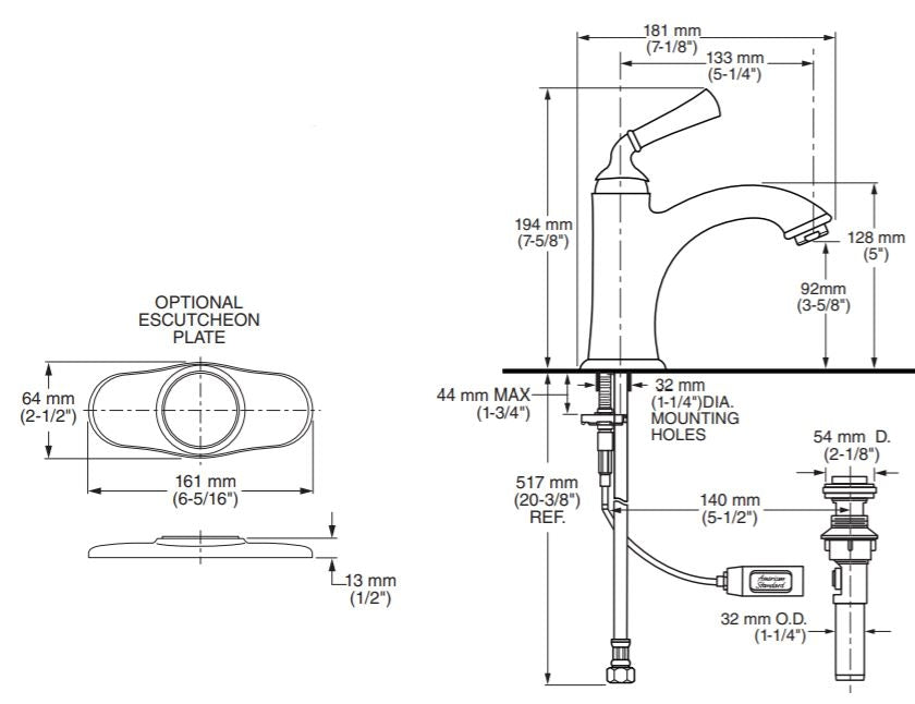 American Standard 7415101.295 Portsmouth One handle Bathroom Faucet, Prod Specs