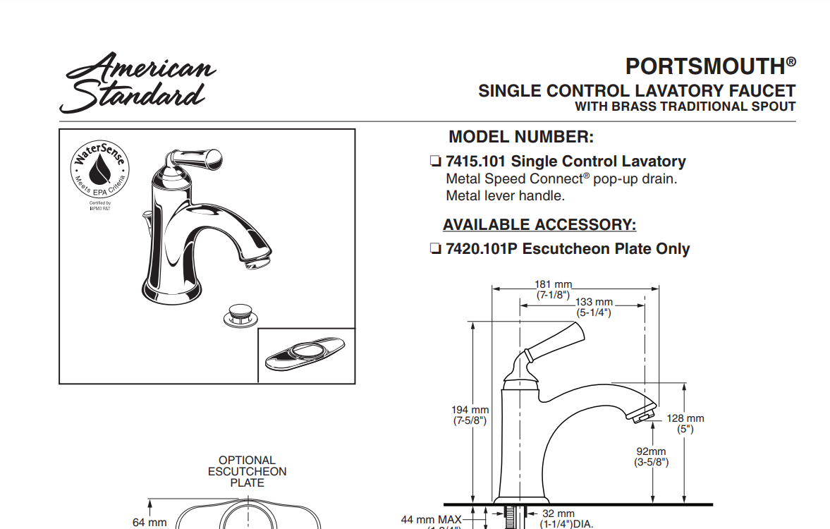 American Standard 7415101.002 Portsmouth One Handle Monoblock Bathroom Faucet, Specs Sheet