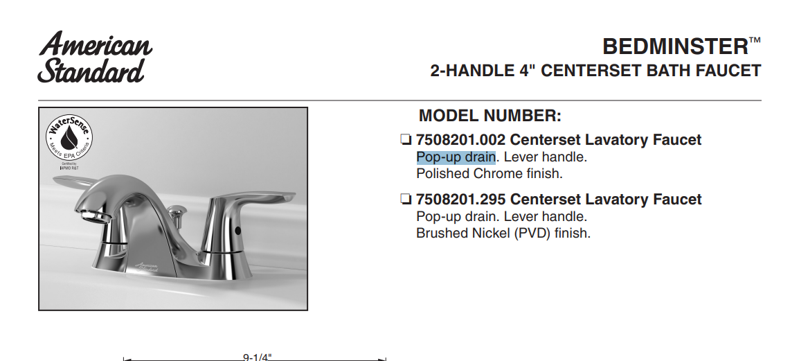 American Standard 7508201.295 Bedminster™ 2 Handle Centerset Bathroom Faucet, Brushed Nickel, Specs Sheet