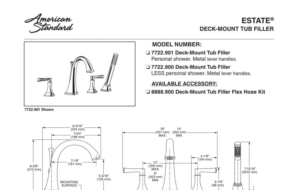 American Standard 7722900.002 Tub Faucet, Product Specs