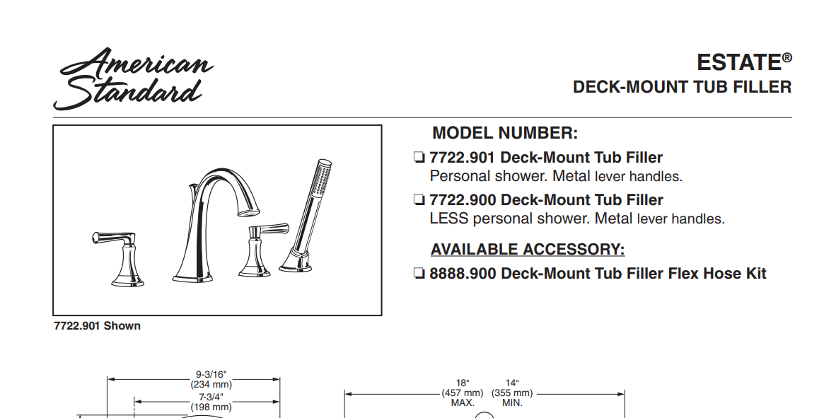 American Standard 7722.900 Estate Two Handle Roman Tub Faucet, Deck Mount, 2 GPM, ADA Compliant