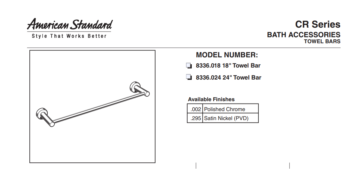 American Standard 8336024.002 CR Series 24 inch Round Towel Bar, Chrome, Specs Sheet