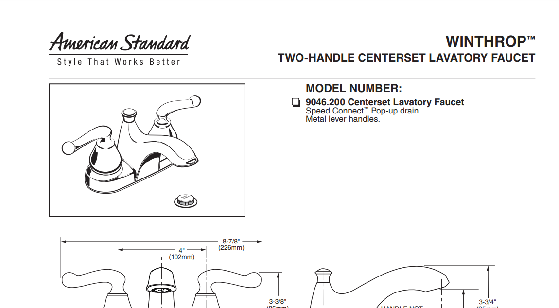 American Standard 9046.200 Winthrop 2-Handle 4 Inch Centerset Bathroom Faucet, Specs