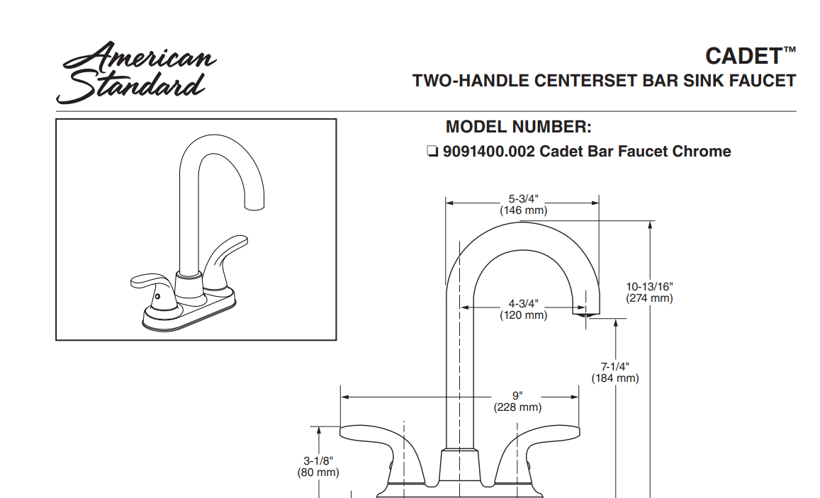 American Standard 9091400.002 Cadet 4-In. Centerset 2-Handle Bar Sink Kitchen Faucet, Polished Chrome, Specs Sheet