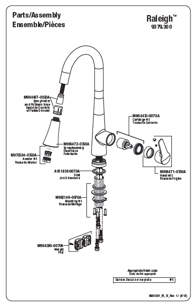 American Standard 9379300.075 Raleigh Pull-Down Kitchen Faucet Stainless Steel Specs sheet