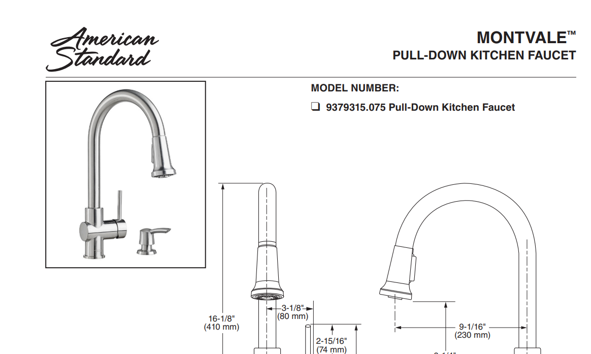 American Standard 9379315.075 Montvale Single-Handle Pull-Down Sprayer Kitchen Faucet, Stainless Steel,Specs Sheet