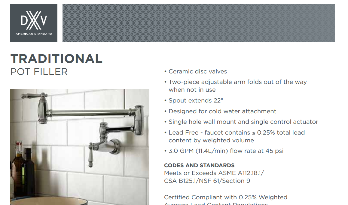 American Standard DXV D35402900.100 Traditional Pot Filler, Polished Chrome, Specs Sheet