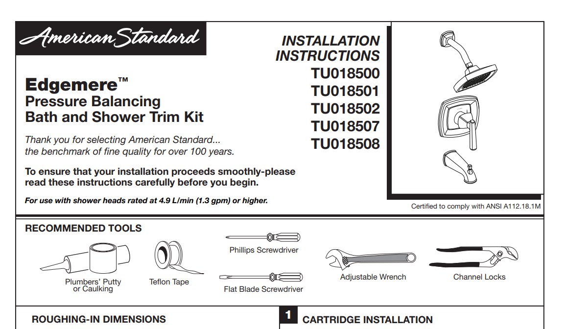 American Standard M970145-002180A Edgemere Square Shower head, Polished Chrome, Specs Sheet