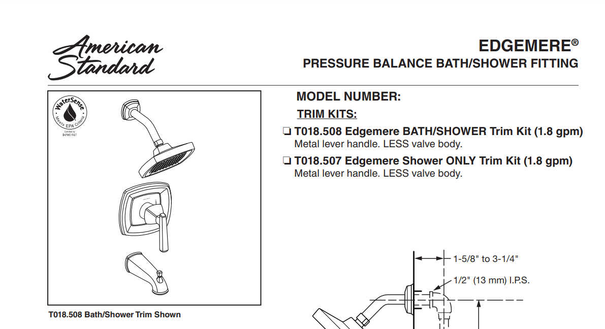 American Standard T018507.295 Edgemere Shower Only Trim Kit, Satin Nickel, Specs