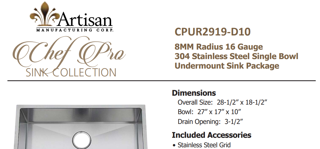 Artisan CPUR2919-D10 Undermount Single Basin 16-Gauge Stainless Steel Kitchen Sink, 29 Inch, Specs Sheet