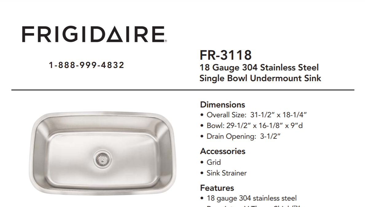 ARTISAN FR3118 Kitchen Sink, Spec Sheet