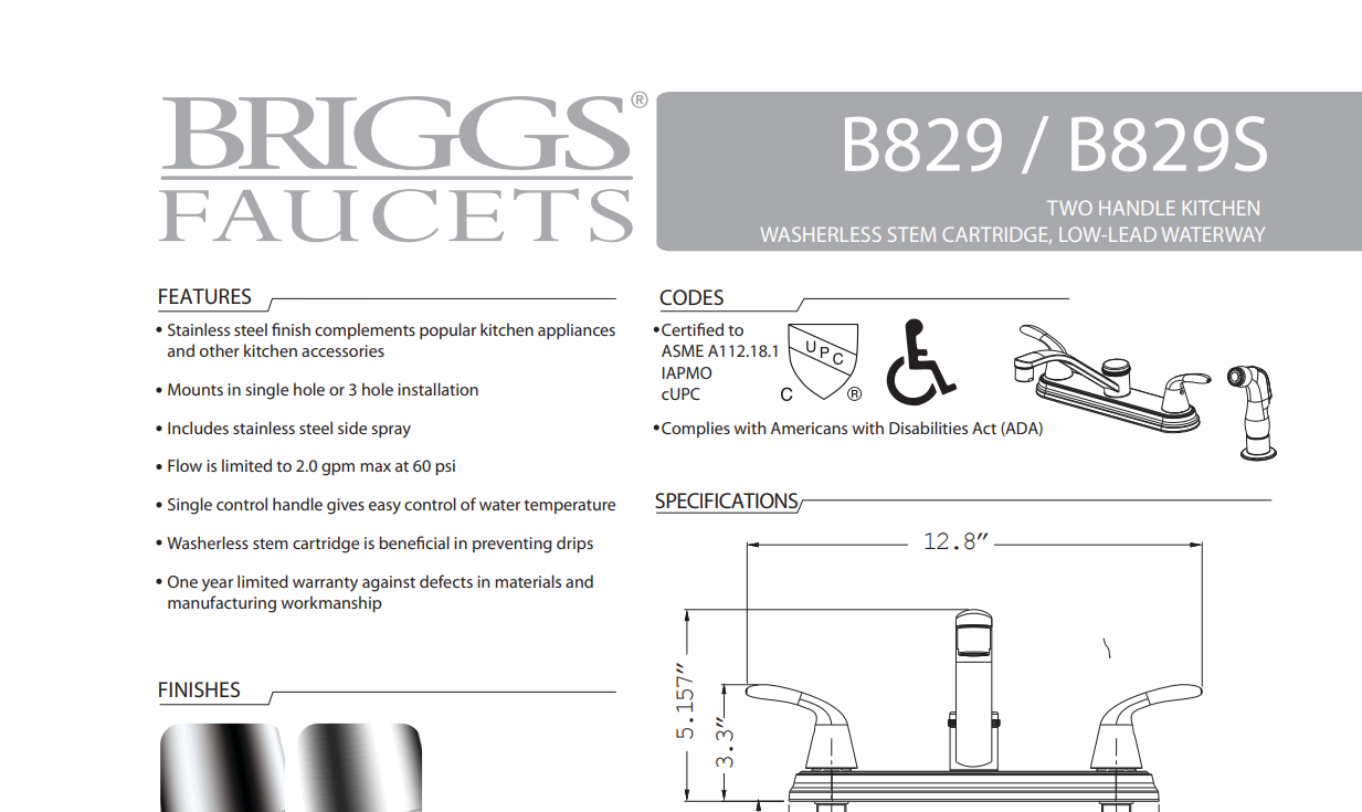 Briggs B929 Sayco Two-Handle Kitchen Faucet, Chrome, Specs Sheet