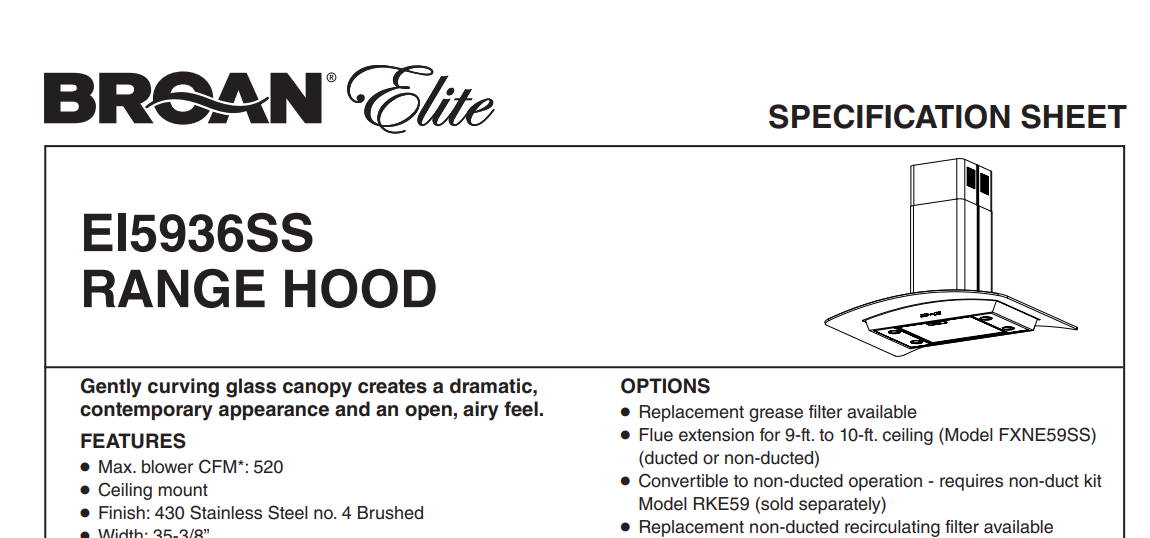 Broan EI5936SS Elite 35.38 Inch Convertible Curved Glass Canopy Island Range Hood, Stainless, Specs Sheet
