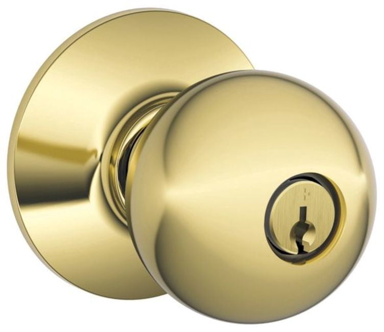 Schlage F80 Orbit Storeroom Knob Polished Brass 605 Keyed Entry Grade 2