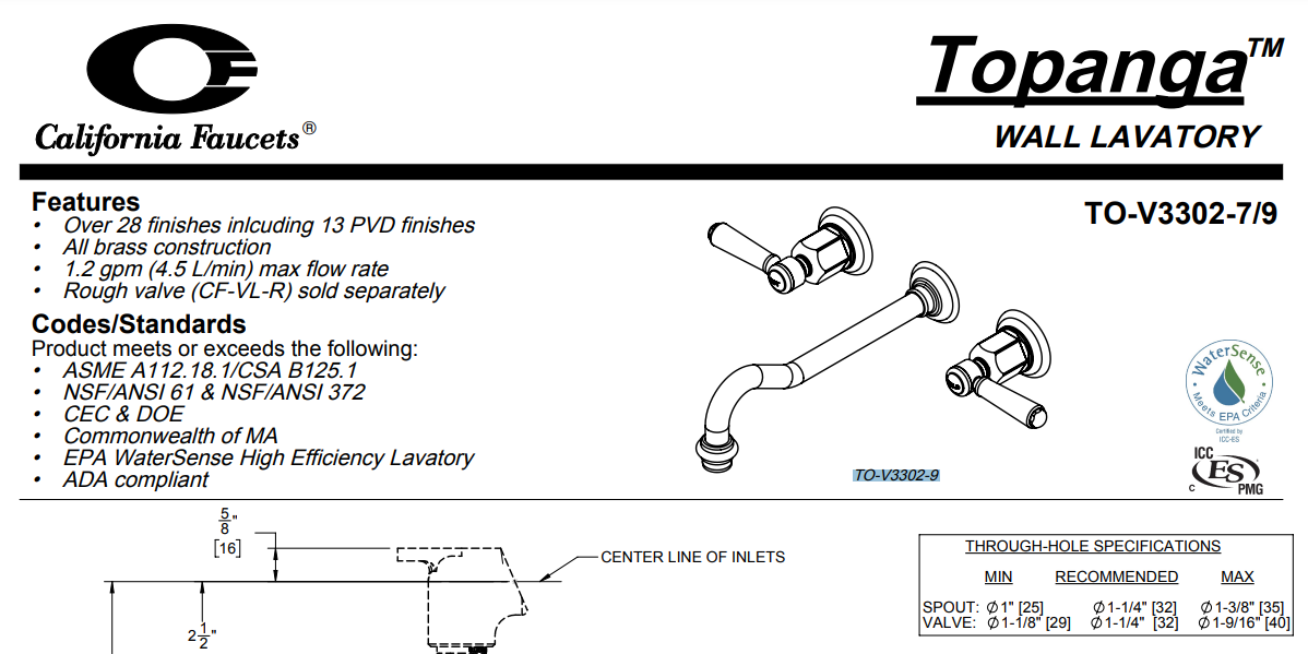 California Faucets TO-V3302-9 Topanga Wall Mounted Double Handle Bathroom Faucet, Chrome, Specs Sheet