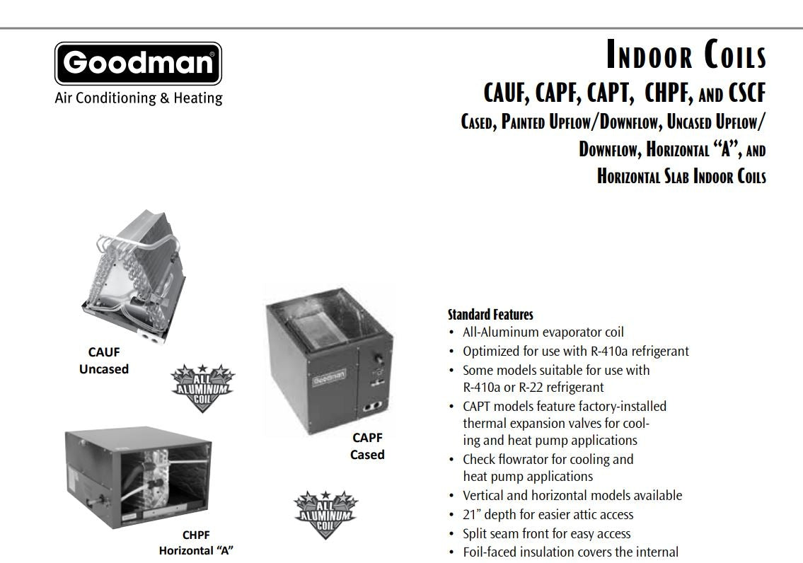 Goodman CAPF1824C6 Cased UpflowDownflow Evaporator Coil 1.5-2 Ton, R-410AR-22 Spec Sheet