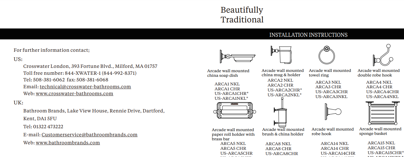 Crosswater US-ARCA14 Arcade Single Robe Hook, Specs Sheet