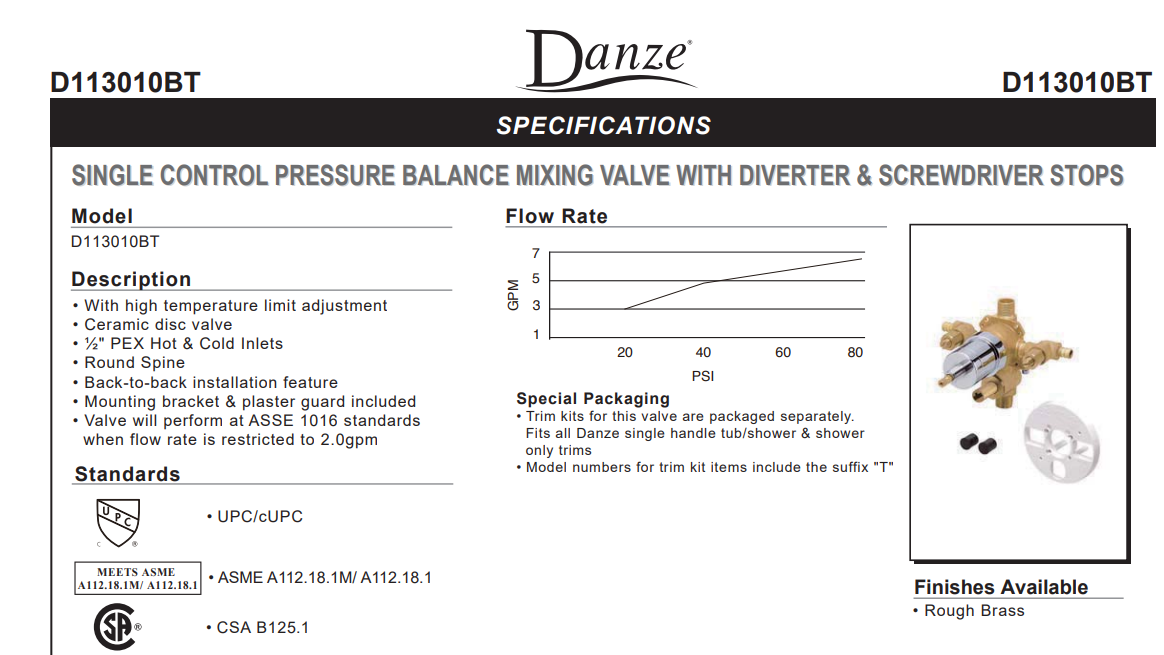 Danze D113010BT Specs Sheet