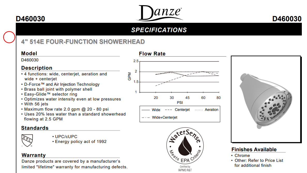 Danze D460030 Hydrocity Four Function Showerhead, 2.0 GPM, 4-Inch, Chrome, Specs Sheet