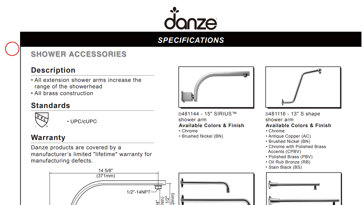 Danze D481116BR Specs Sheet