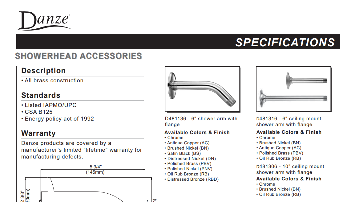 Danze D481376BR Specs Sheet