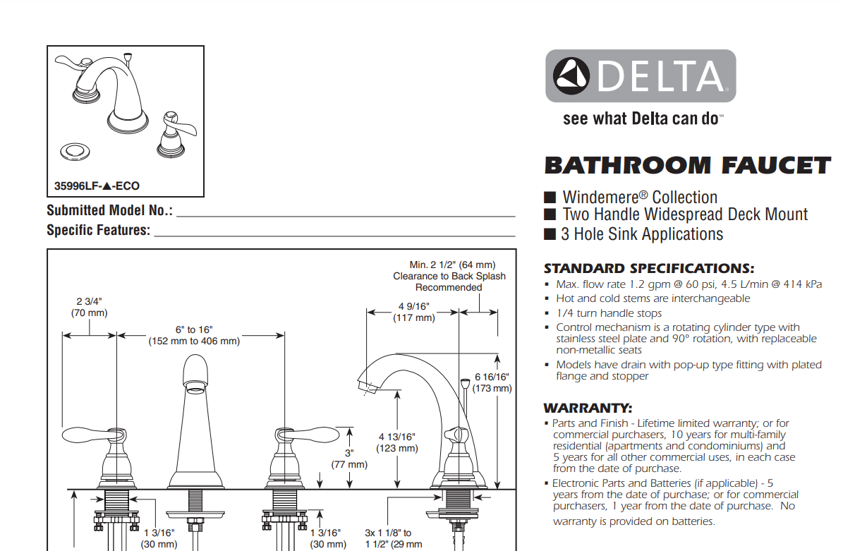 Delta 35996LF-BN-ECO Windermere 2-Handle Widespread Bathroom Faucet with Pop-Up, Brushed Nickel, Specs Sheet