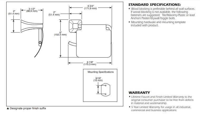 Delta 752500 Telsa Tissue Holder with Removable Cover in Chrome Specs Sheet 
