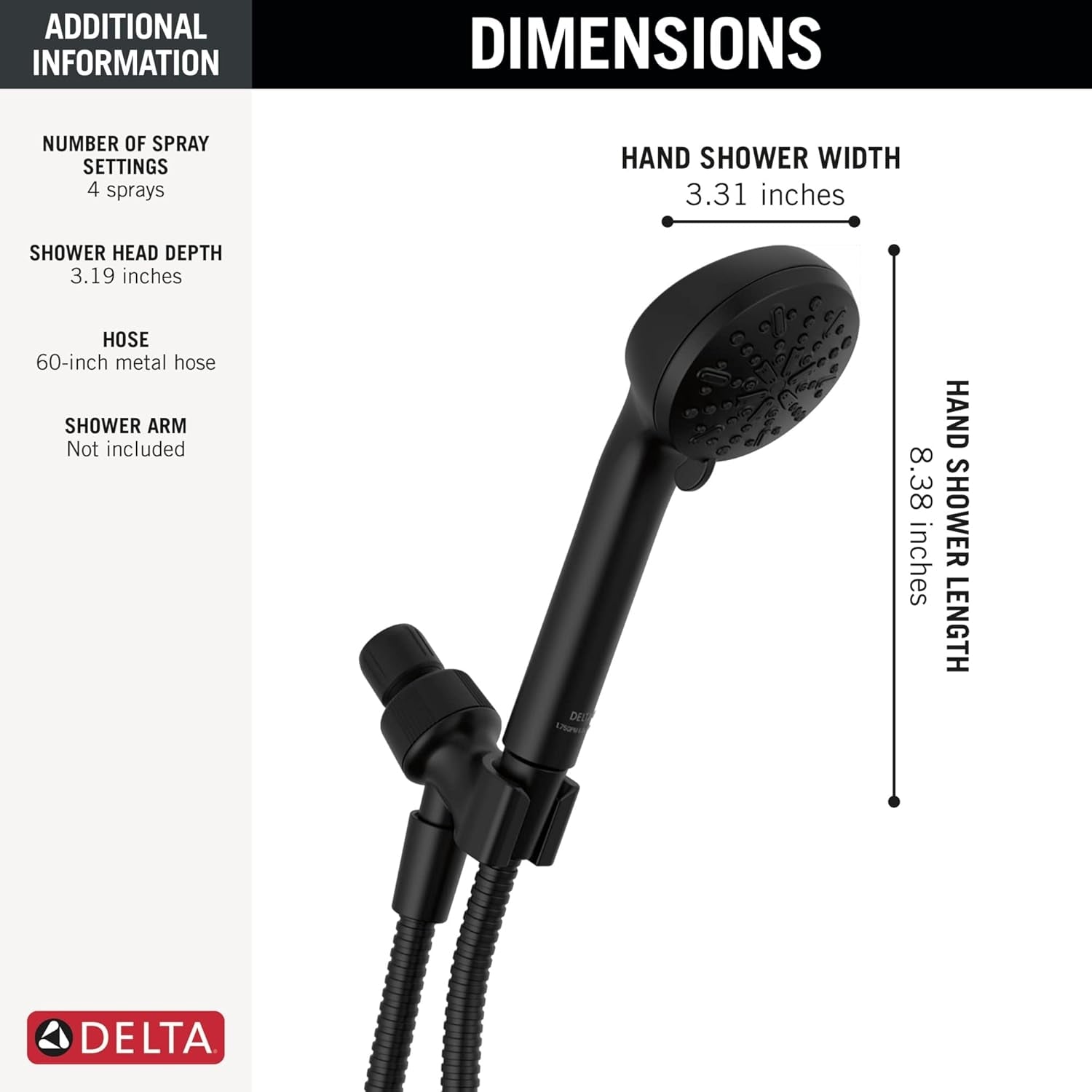 Delta 75413BL 4-Setting Detachable Handheld Shower Head, 1.75 GPM, Matte Black