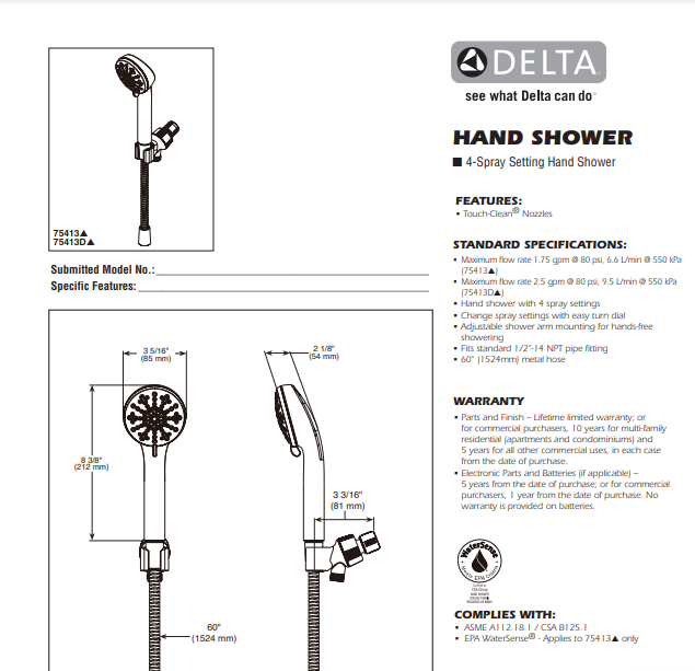 Delta 75413BL 4-Setting Detachable Handheld Shower Head, 1.75 GPM, Matte Black Spec Sheet