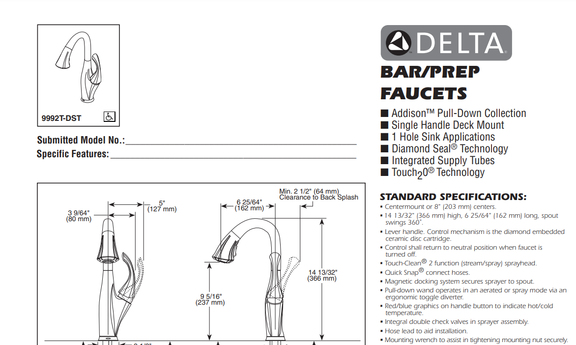 Delta 9992T-CZ-DST Addison Single Handle Pull-Down Bar Prep Faucet, Champagne Bronze, Specs Sheet