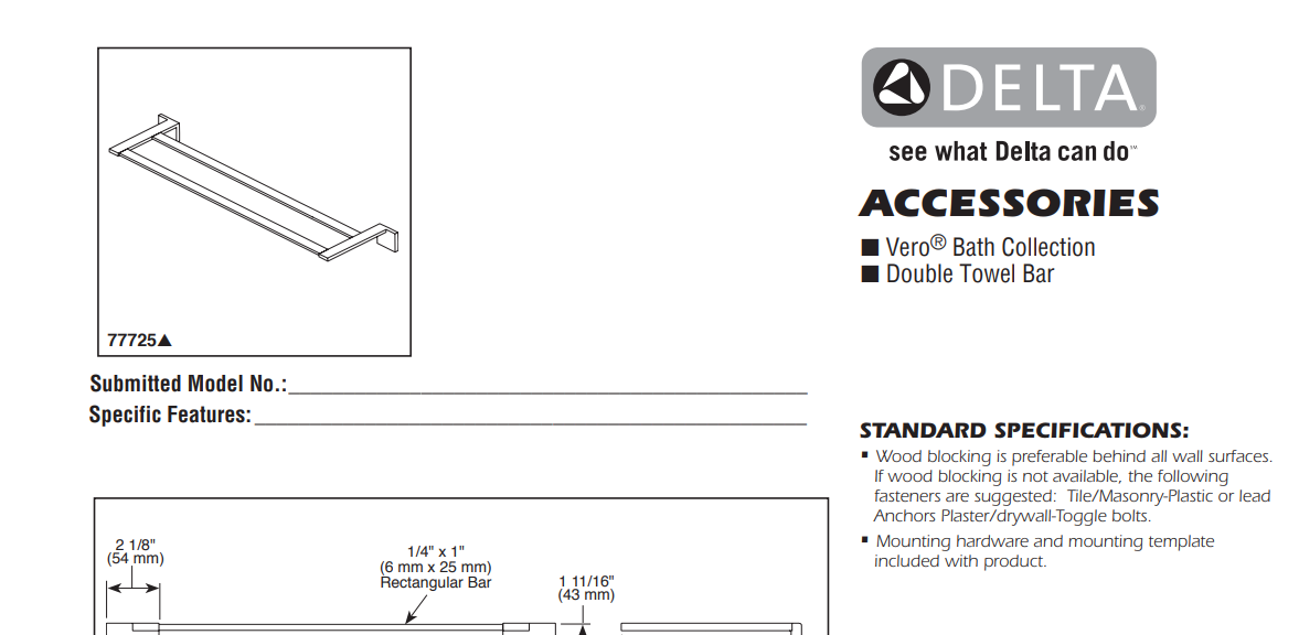 Delta Faucet 77725 Specs Sheet