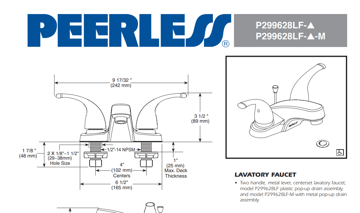 Delta P299628LF-BN Peerless Two Handle Bathroom Faucet, Brushed Nickel, Specs Sheet