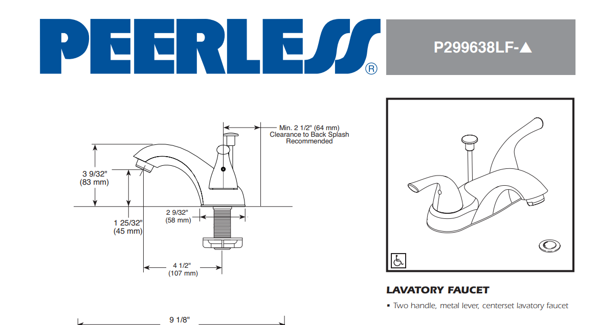 Delta Peerless P299638LF-OB Ashlar 2-handle Centerset Bathroom Sink Faucet with Drain, Oil Rubbed Bronze, Specs Sheet