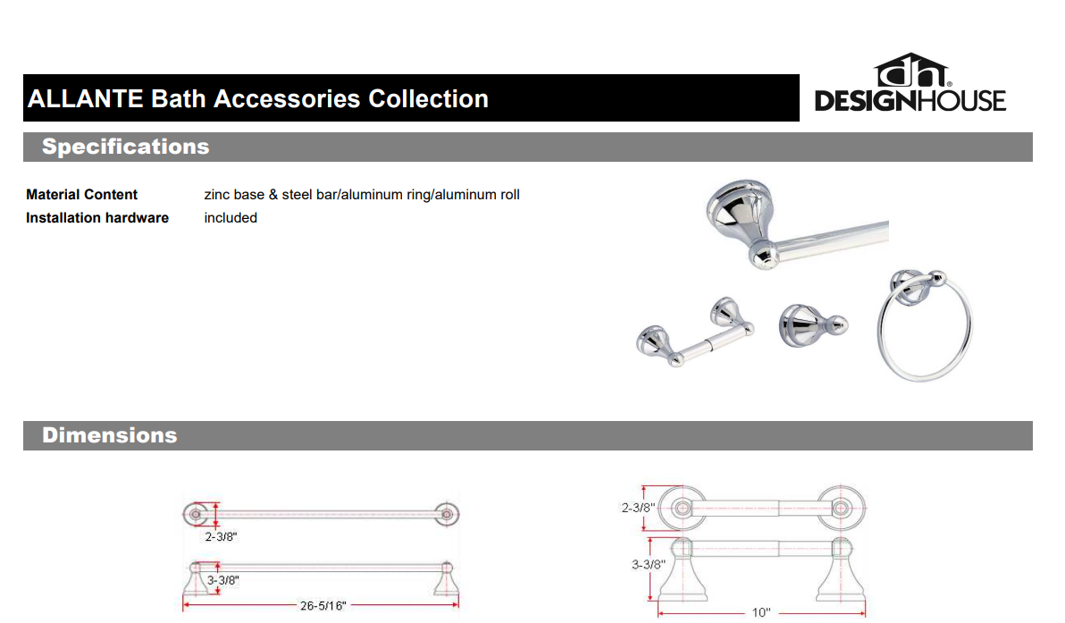 Design House 532861 Allante Towel Bar, 24-Inch, Polished Chrome, Specs Sheet