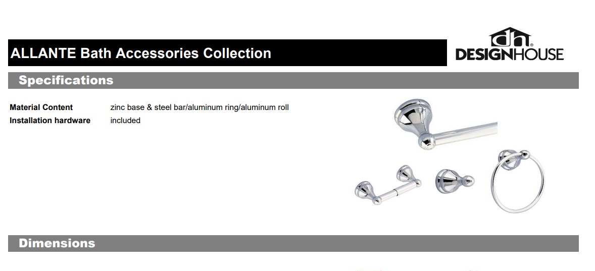 Design House 532879 Allante Single Robe Hook, Polished Chrome, Specs Sheet