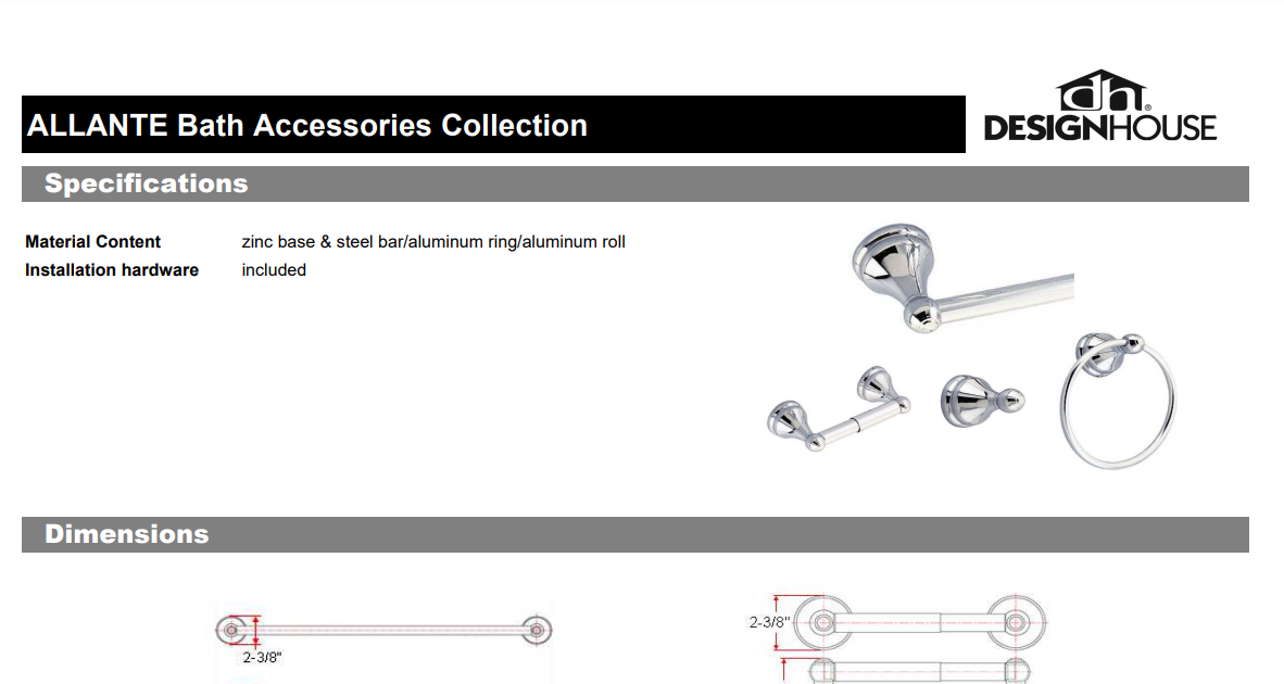 Design House 532887 Allante Toilet Paper Holder, Polished Chrome, Specs Sheet