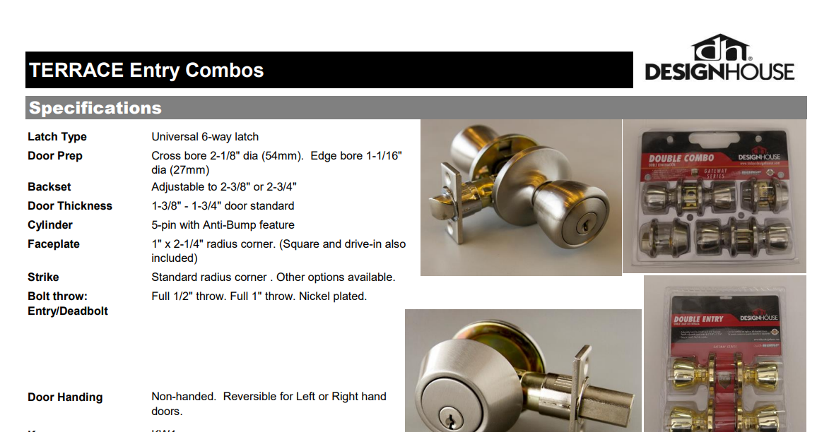 Design House 728832 Gateway Terrace Keyed Entry Single Cylinder Knobset and Deadbolt Combo, Specs Sheet