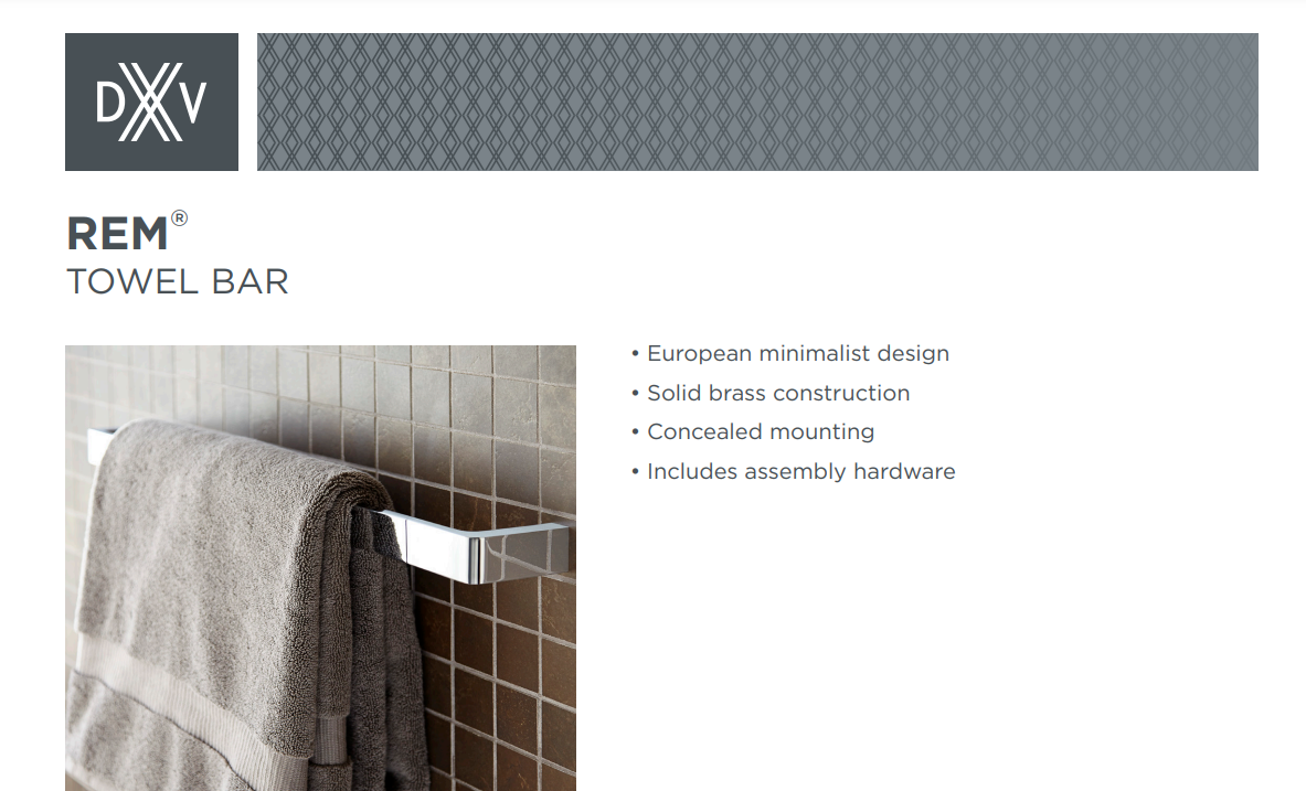 DXV D35100240.144 REM 24 Inch Metal Towel Bar, Brushed Nickel, Specs Sheet