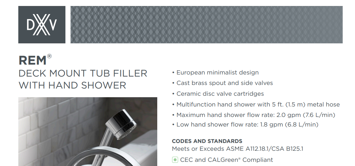 DXV D3510090C.144 Rem 2 Handle Deck Mount Bathtub Faucet with Handshower, Brushed Nickel, Specs Sheet
