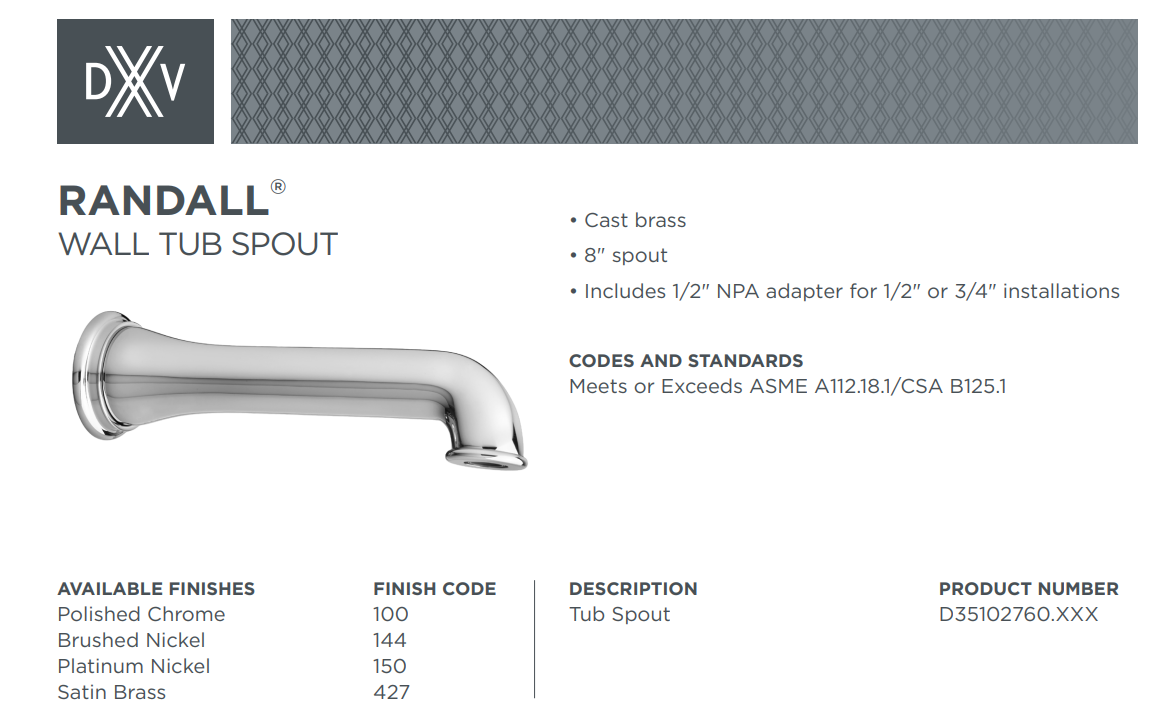 DXV D35102760.100 Randall Wall mount Tub Spout, Polished Chrome, Specs Sheet