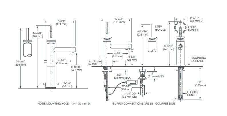 DXV D3510510C.144 Percy Single Handle Bathroom Faucet with Stem Handle, Brushed Nickel Specs Sheet