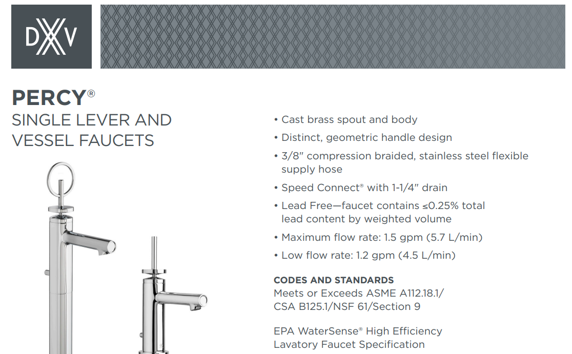 DXV D35105150.100 Percy Vessel Faucet With Stem Handle, Specs Sheet.