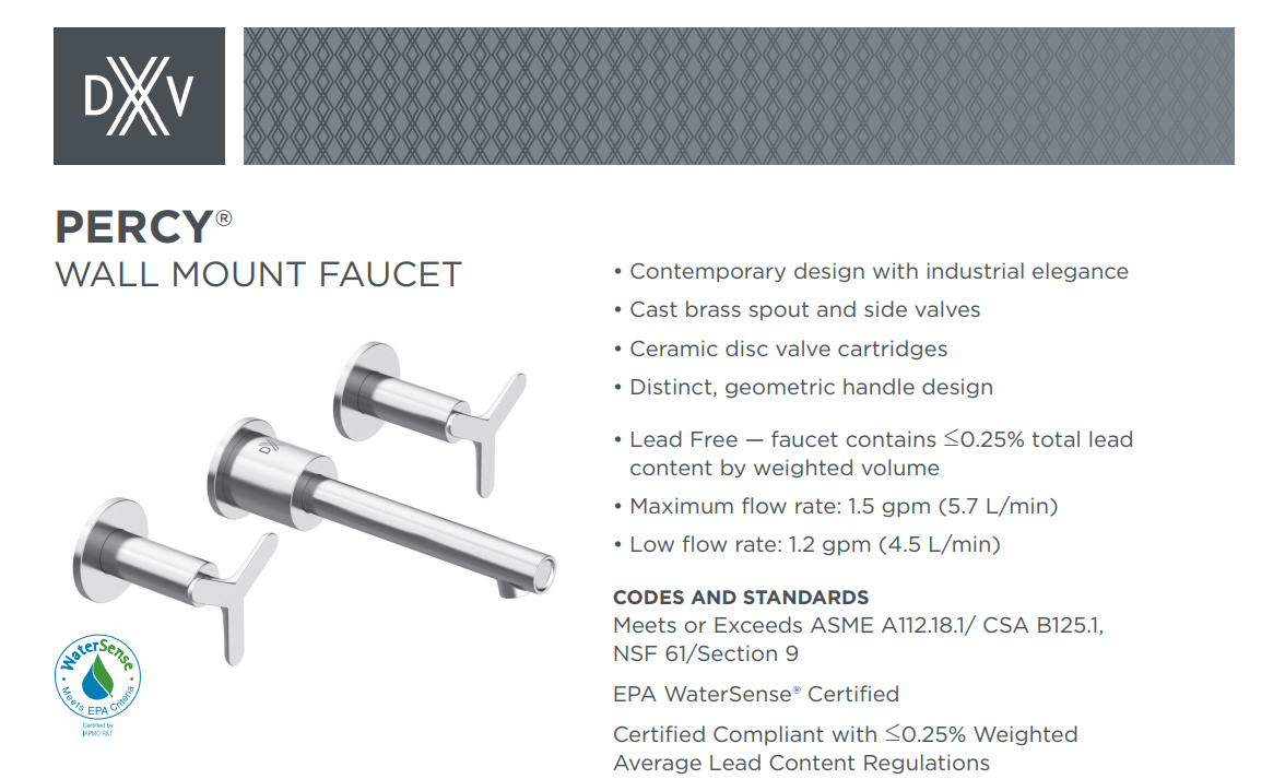 DXV D3510545C.100 Percy Double Handle Wall Mount Bathroom Faucet, Polished Chrome, Specs Sheet