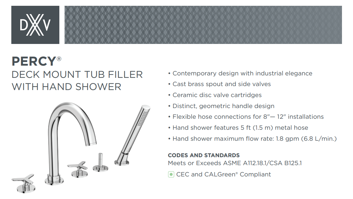 DXV D3510594C Percy 2 Handle Bathtub Faucet with Handshower and Cross Handles, Specs Sheet