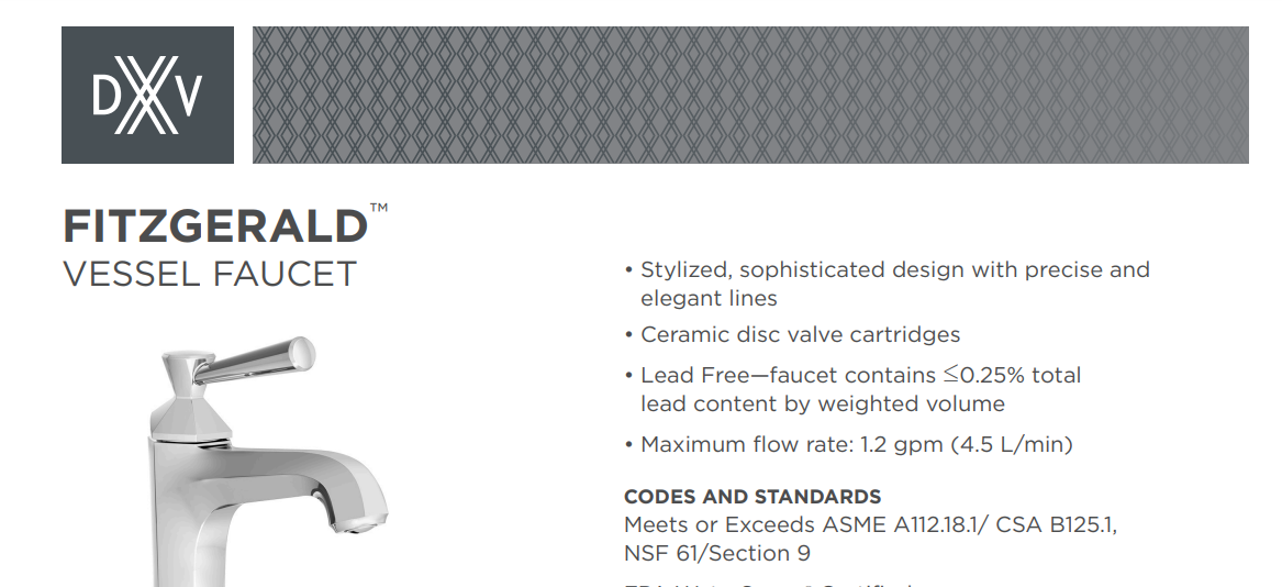 DXV D35160152.100 Fitzgerald Single Handle Vessel Faucet, Polished Chrome, Specs Sheet