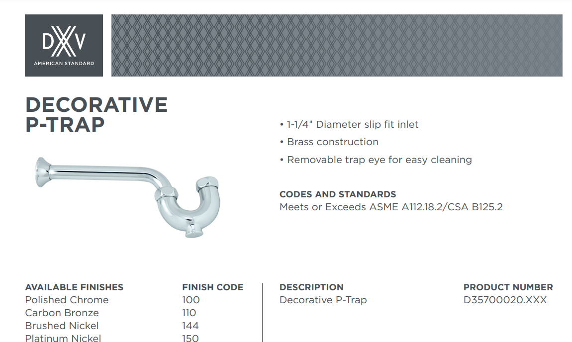 DXV D35700020.110 Traditional Decorative P-Trap, Carbon Bronze, Specs Sheet
